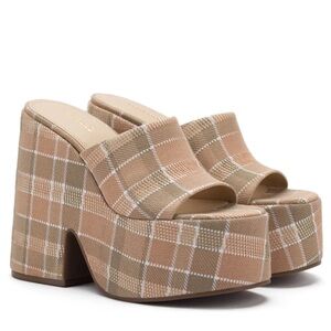 🌹LARROUDE🌹 Wanda Platform Mule In Neutral Plaid Raffia Size: 11
